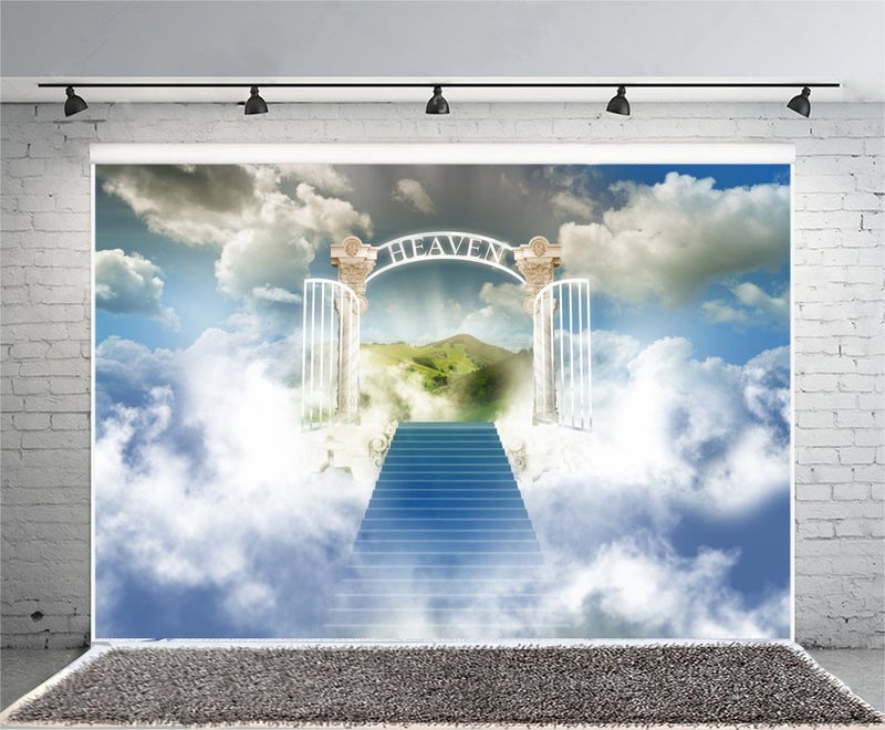 AOFOTO 10x7ft Stairway to Heaven Backdrop Paradise Gate Sky Clouds Stairs Photography Background Holy Light Heaven Sent Baby Shower Baptism Religion Church Christian Easter Party Banner Photo Props - Image 2